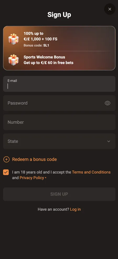SlotLair registration form showing Sign Up and bonus selector
